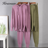 Christmas Gift Hirsionsan Cashmere Casual Two Piece Knitted Carrot Pants & Hooded Sweater Women Autumn Winter Sets Female Tracksuits Harem Pant