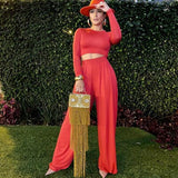 New Fashion Spring Women's Tracksuit Solid Long Sleeve Cropped Top Two-Piece Suits High Waist Loose Wide Leg Pants Set