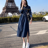 Kukombo Denim Dress Female Spring Autumn Femmes Single-Breasted Tether Waist Long Sleeve Retro Denim Shirt Long Dual-Use Dress Women