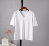 Christmas Gift Hirsionsan 100% Cotton Summer T Shirt Women Soft Short Sleeve  V Neck Female Tees Basic Kintwear Tops Harajuku Tshirt for Ladies