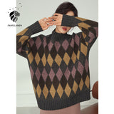 Christmas Gift FANSILANEN Women Argyle Plaid Knitted Sweater Women Casual Commuter Streetwear Loose Spring Sweater Female Long Sleeve Retro Top