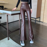 Kukombo  PU Leather Flare Pants Women Y2k Pants Fashion Elegant Slim Pant Vintage Black Casual High Waist Trousers Streetwear