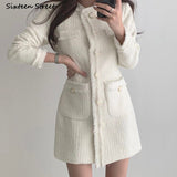 Kukombo Vintage Beige Tweed Dress Woman Single Breasted Elegant Party Mini Dresses Female Autumn Winter Wool Blend Dress Vestidos Mujer
