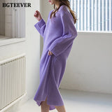Christmas Gift BGTEEVER Casual V-neck Loose Female Long Knitted Dress Full Sleeve Side Split Autumn Winter Women Sweater Dress Vestidos