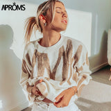 Kukombo Aproms Korean Fashion Khaki Stripes Print Loose Sweaters Women Winter Hip-Pop Oversized Long Pullovers Streetwear Outerwear 2022 K23