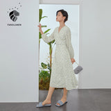 Christmas Gift FANSILANEN Elegant Floral Print Long Wrap Dress Women V-Neck Long Sleeves Spring Summer Dress Beach Slimming Maxi Skirts Female