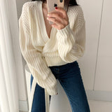 Kukombo Women Sweater Oversized Cardigan 2021 Fall Long Sleeve Coarse Yam Knitted Solid Plus Size Clothes V Neck Casual Lace Up