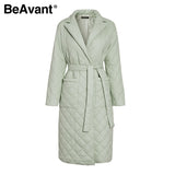 Kukombo Long straight coat with rhombus pattern Casual sashes women winter parka Deep pockets tailored collar stylish outerwear