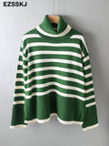 Christmas Gift 2021 striped oversize Turtleneck Sweater for Women female Knitted casual split side Long Sleeve loose sweater