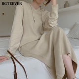 Christmas Gift BGTEEVER Autumn Winter Women Dress 2021 Hooded Knitted Midi Dresses for Women Long Sleeve Loose Female Sweater Vestidos 2021
