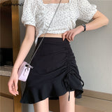 Kukombo Skirts Women Irregular Pleated Drawstring Solid Chic Leisure Womens Mini Skirt Korean Style All-Match Sexy Ruffle Sheath Fashion