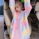 Kukombo  Rainbow Knitted Cardigan Women Autumn winter Sweet Kawaii Sweater Coat Female long Korean Button Down Cardigan Fall 2022 Women