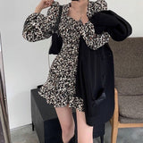 Kukombo Leopard Dresses Women Mini Long Sleeve Slim Dating Ladies Square Collar Autumn French Chic Fashion Student Clothing Vestido Club