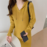 Kukombo New 2022 Autumn Winter Women Dresses V-Neck Hooded Korean Knitting Oversize Elegant Vintage Lady Long Dresses DR6022