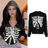 Kukombo Finger Skeleton Print Zip Up Hoodie Women Casual White Oversized Sweatshirts Hooded Outerwear Autumn Loose Jackets