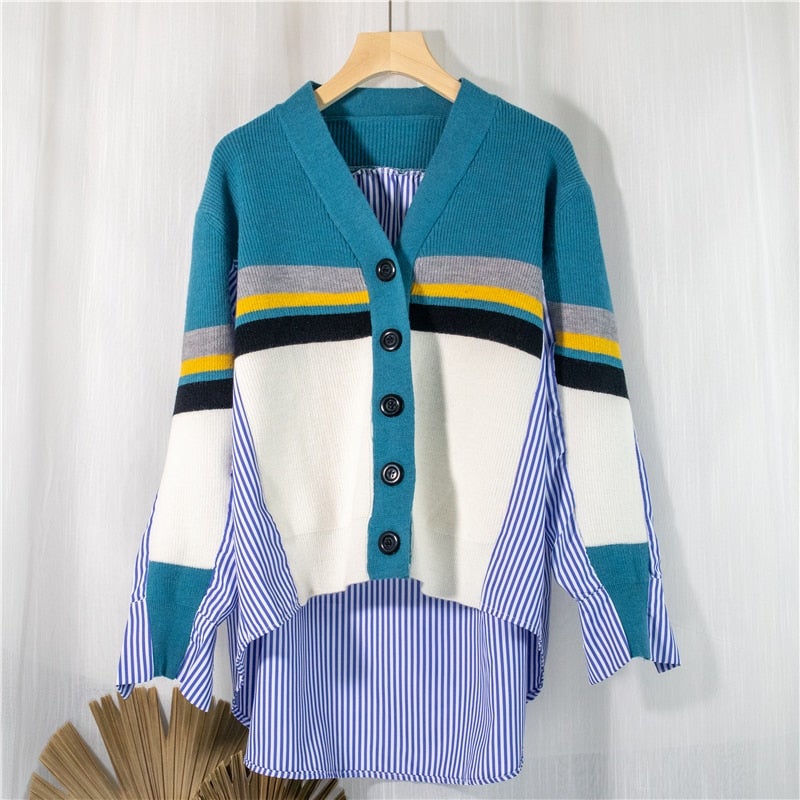 Christmas Gift 2021 Spring Women's Sweaters Patchwork Srtiped Knitting V-Neck Stylish Knitted Button Cardigans Loose Tops SWC1816