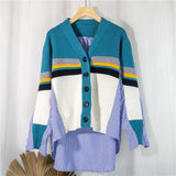 Christmas Gift 2021 Spring Women's Sweaters Patchwork Srtiped Knitting V-Neck Stylish Knitted Button Cardigans Loose Tops SWC1816