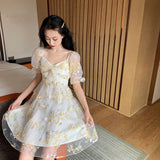 Kukombo French Floral Dress Women Sexy Puff Sleeve Lace Chiffon Print Mini Dress Women Summer Korean Style Vintage Fairy Dress New 2023