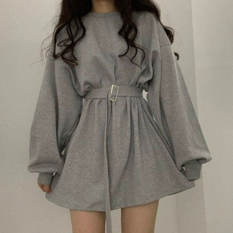 Kukombo Casual Gray Streetwear Sweatshirt Women Spring Autumn Korean Fashion Long Sleeve Loose Slim Gothic Goth Top Belt