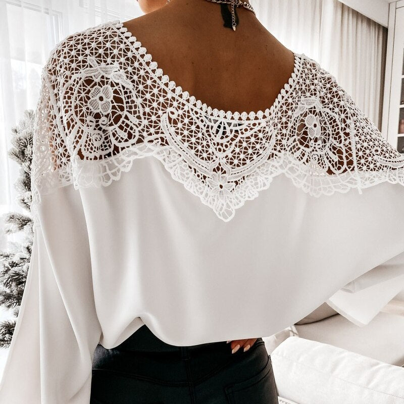 Christmas Gift 2024 Women Autumn Sexy Lace Stitching White Shirts Vintage Plus Size Ladies Tops New Crochet Embroidery Lace Blouse Blusas 12459