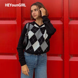 Christmas Gift HEYounGIRL Autumn Black V Neck Vintage Knit Sweater Casual Argyle Plaid Jumper Women 90s Preppy Style Long Sleeve Pullover 2021