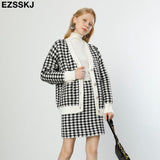 Christmas Gift Houndstooth 2 Pieces Set Women Knitted plaid Sweater cardigans  + mini skirt rhombus Sweater Set CHIC Knitted Oversize suit