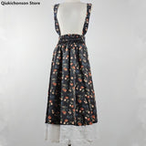 Kukombo Corduroy Suspender Skirts Women 2021 Spring Summer Japanese Style Lolita Floral Skirt High Waist Crochet Lace Long Skirt rok