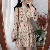Kukombo Elegant Stand Collar Ruffles High Waist Women Dress Short Dress Female Lace Up Floral Print Vestidos femme