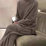 Kukombo Christmas Gift Women Knitted Tracksuit Autumn Winter O-neck Sweater 2 Piece Set  Fashion Solid Ladies Pullover Tops  Wide Leg Pants Home Suit