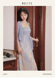 Kukombo High Sense Women Two Piece Set Blue Long Sleeved Chic Slit Gentle Blouse+Sexy Hollow Back Square Collar Print Lace Sling Dress