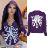 Kukombo Finger Skeleton Print Zip Up Hoodie Women Casual White Oversized Sweatshirts Hooded Outerwear Autumn Loose Jackets