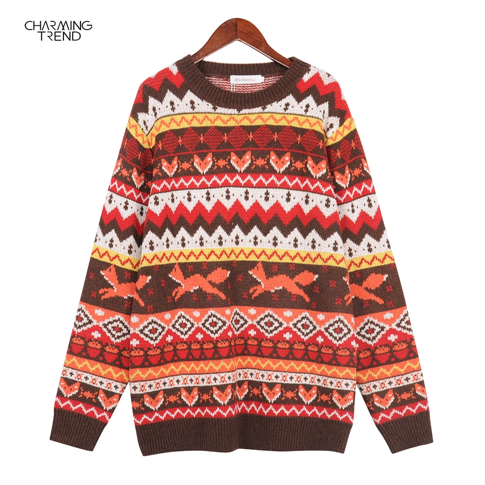 Christmas Gift Vintage Sweaters Winter Thicken Knitwear Pullovers Women Oversized National Jacquard Woolen Sweater Color Striped Top Sweaters