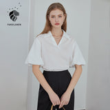 Christmas Gift FANSILANEN White Khaki V-neck French Lantern Sleeve Shirt Pullover White Short Sleeve Women Tops 2021 New Summer Women Clothes
