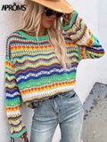 Kukombo Back To School Christmas Gift Aproms Elegant Rainbow Stripe Knit Sweater Autumn Women's Pullovers Casual Long Sleeve Hollow Out Jumper Streetwear Fashion Top