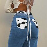 Kukombo Grey Patchwork Straight Mom Jeans Woman High Waist Pockets Boyfriend Classic Streetwear Black Pants Loose Denim