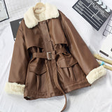 Christmas Gift eather clothes winter 2021 new Korean Pu fur one-piece fur collar lace up Plush jacket fashion motorcycle clothes women's coat