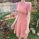 Kukombo Women Dresses Short Sleeve Solid Sexy Stretchy Midi O-Neck Sweet Girls Leisure Slim Skinny Elegant Empire Stylish Streetwear Ins
