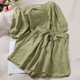 Christmas Gift Korean Style Large Size Casual New Summer Square Neck Short Sleeve Women's Suit Loose + High Waist Shorts