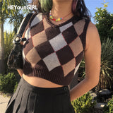 Christmas Gift HEYounGIRL Brown Argyle Vintage Cropped Sweater Vest Autumn Sleeveless Knit Pullover Preppy Style Casual Plaid Knitwear 90s