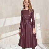 Christmas Gift Fashion Belt Faux Leather Dresses Women Long Sleeve Slim Fit PU Dress Sexy Club Wear New Arrival 2021 Autumn Winter