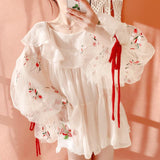 Kukombo French Palace Lantern Sleeve Chiffon Shirts With Vest Women Fairy Embroidered Mesh Blouse Loose Ruffled Long-Sleeved Tops