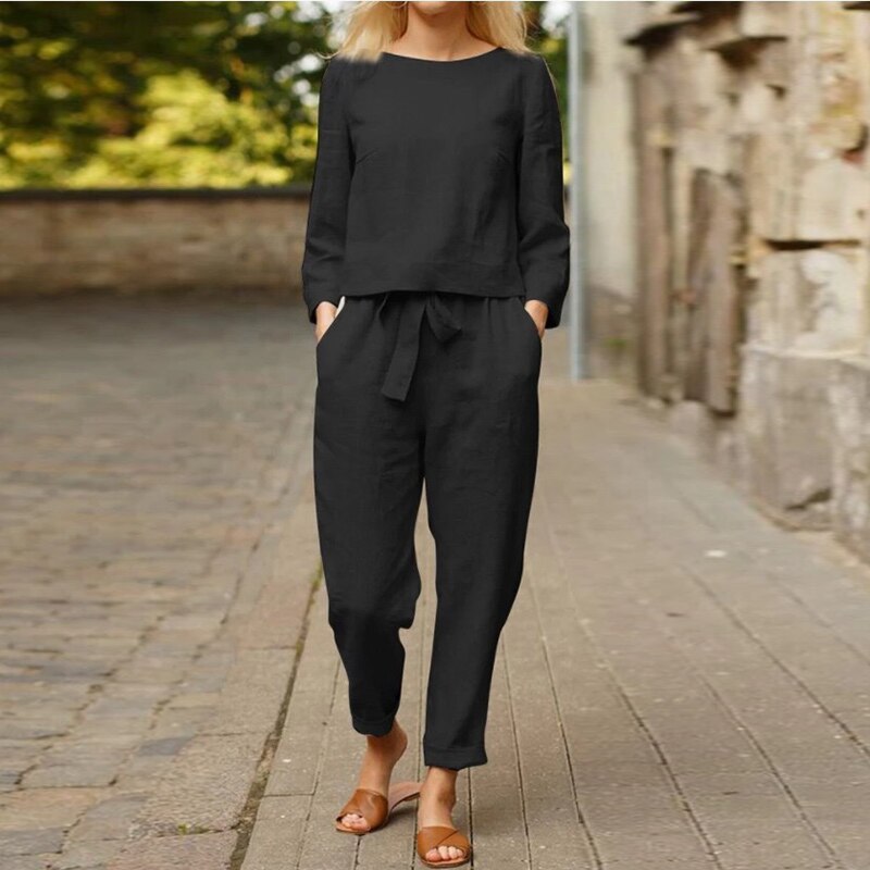 Casual Women Linen 2 Piece Set Solid Color Loose Comfortable Drawstring Long Sleeve Home Suits 2022 Lounge Wear Tracksuit