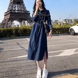 Kukombo Denim Dress Female Spring Autumn Femmes Single-Breasted Tether Waist Long Sleeve Retro Denim Shirt Long Dual-Use Dress Women