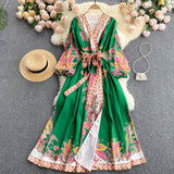 Kukombo Christmas Gift Summer new temperament design printing  Dress  V-neck vintage lace woman dress Lantern sleeve dresses for women