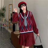 Kukombo Preppy Style Autumn Dress Sets Women New Argyle V-Neck Knitted Vest + Long Sleeve Tie Dress Female Korean Loose One-Piece Suits