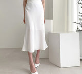 Kukombo New Summer Satin High Waisted Silk Skirts Women Silk Office Female Basic A-line Skirt Chic Elegant Ladies Skirt