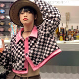 Kukombo Vintage Cardigan Knitted Long Sleeve Cardigan Coat Checkerboard Korean Style Jumpers Cardigan Ladies Spring Autumn
