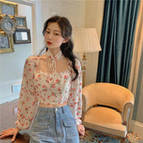 Kukombo 2022 New Floral Shirts Women Spring Autumn Halter Neck Cropped Tops Fashion Long Sleeve Chiffon Blouse Female