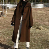 Christmas Gift Woman Long Coat Horn Button Solid Color Woolen Warm Winter Korean Commuter Style Long Coat Fashion Retro Thick Women Windbreaker