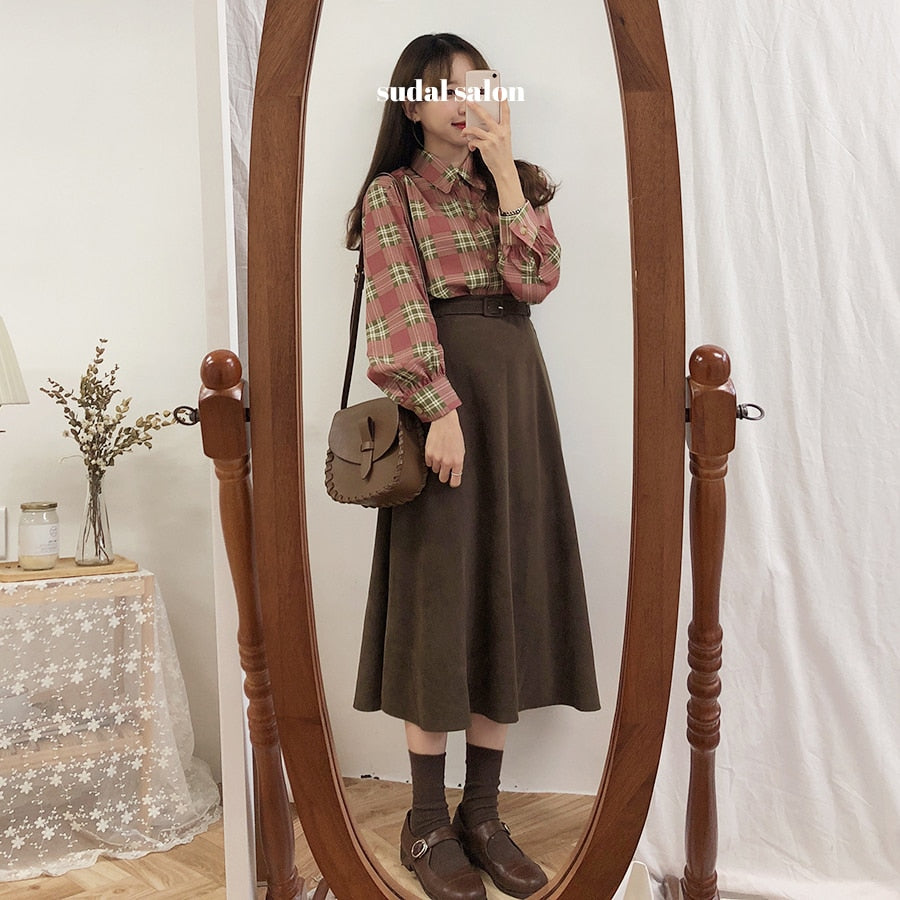 Christmas Gift new A Line solid Women Skirts Pleated MI-long New Knee Length Skirt Female Vintage Suede Skirts Jupe Femme Faldas Mujer